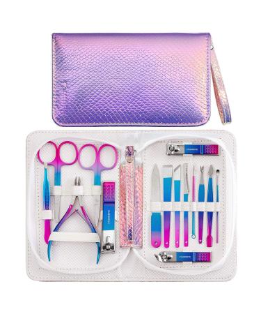 Gifts for Women, Familife Manicure Set 15pcs Pedicure Kit Manicure Kit Fingernail Clipper Nail Kit Nail Clipper Set Grooming Kit with Mermaid Purple Leather Travel Case Mothers Day Gifts Nail Set Home