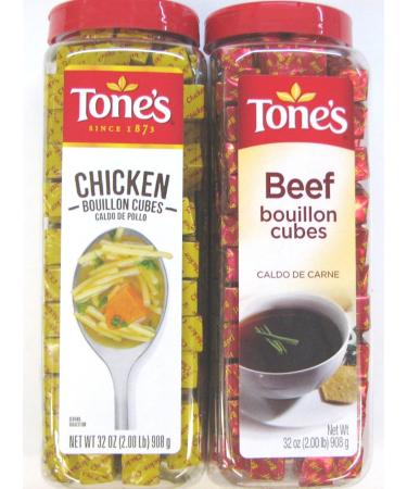 2 Pack: Tone's Chicken Bouillon Cubes and Tone's Beef Bouillon Cubes Variety Pack, 32 Oz Each, 1 of Each Flavor. (Bundle of 2), 227 Cubes Per Container