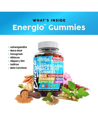Ashwagandha Maca Root Gummies with Fenugreek Hibiscus Slippery Elm Saffron Extract & Beta Carotene | Peach Flavor Vegan Gummy Vitamins Adaptogen Cortisol Supplement Energlo by Clean Nutra 1 - Buy Online on GoSupps.com