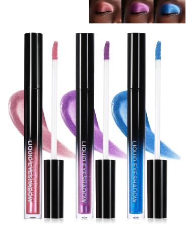 Waterproof Liquid Glitter Eyeshadow Set 3 Colors Pink Purple Blue Shimmer Metallic Eyeshadow High Pigmented Quick-Drying Long Lasting Sparkling Colored Eye Shadow Halloween Makeup for Women-B 04+05+06 Pink + Purple + Blue