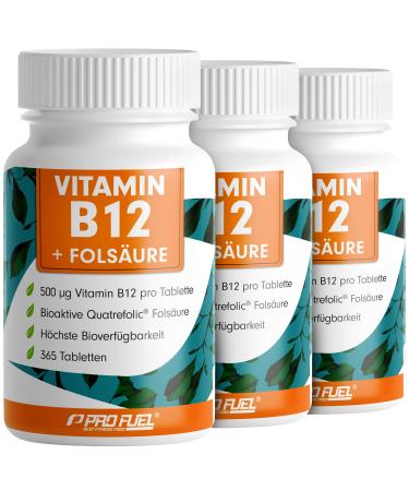 Vitamin B12 high -dosed - 3x365 tablets - 500 g Vit B12 + folic acid 200 g per day - methylcobalamine adenosylcobalamine & hydroxocobalamine B12 + bioactive quatrefolic folic acid - 100% vegan 3x 365 tablets