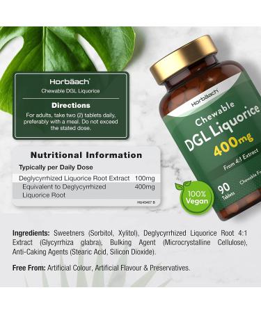 DGL Licorice Root Tablets 400mg | Chewable Tablets | High Strength Liquorice Root Extract | 90 Count | Suitable for Vegetarians & Vegans | by Horbaach - Buy Online on GoSupps.com