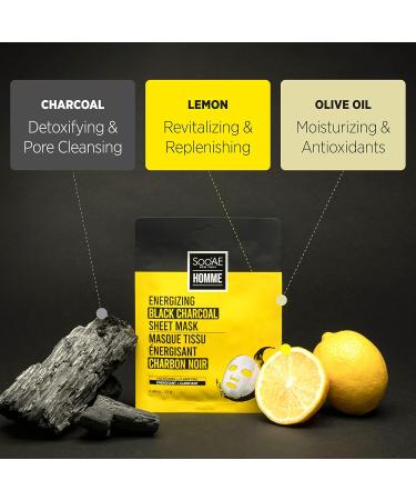 Soo AE Homme Energizing Black Charcoal Sheet Mask - 8 Count | Men's Skincare Pore Tightening & Moisturizing Facial Masks - Buy Online on GoSupps.com