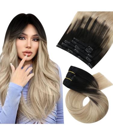 Moresoo Hair Extensions Clip in Real Hair Balayage Clip in Human Hair Extensions Natural Black to Ash Blonde with Platinum Blonde Clip in Extensions Real Hair 14 Inch 5 Pieces/70g #1B/18/60 35 cm #1B/18/60