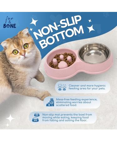 Fur & Bone Double Slow Feeder Dog Bowl | Raised Non-Slip Cat Food & Water Bowl | Stainless Steel, Pink - Buy Online on GoSupps.com