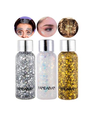 Body glitter gel glitter liquid face body glitter gel festival glitter mermaid sequins chunky glitter liquid face hair make-up long loading sparkling with 1 spoon white+silver+gold - Buy Online on GoSupps.com