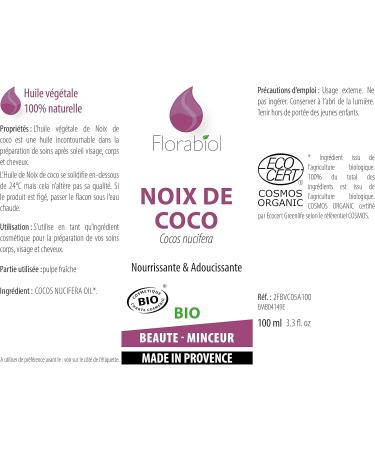Florabiol - Organic Coconut Vegetable Oil - 100 ml - Repairing Softening and Nourishing - For Dry Skin and Hair - 100% Pure and Natural - Made in France - Buy Online on GoSupps.com
