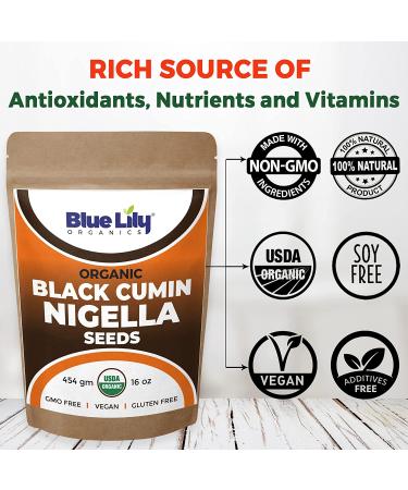 Blue Lily Organics Raw Nigella Black Cumin Seeds - 16oz/1lb Bag | Certified Organic, Non-GMO, Gluten Free | Healthy Spice with Antioxidant & Anti Inflammatory Qualities - Buy Online on GoSupps.com