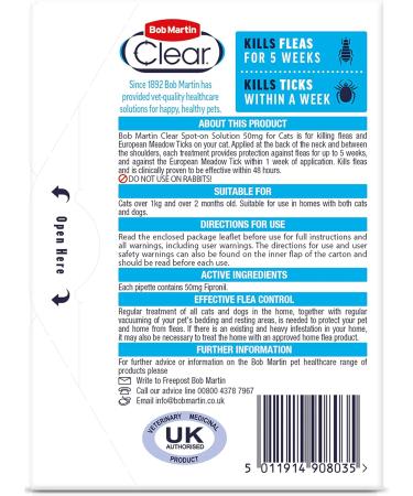 Bob Martin Clear Spot On Flea Treatment for Cats Kittens and Ferrets - 3 Pipettes, Kills Fleas & Ticks - Buy Online on GoSupps.com