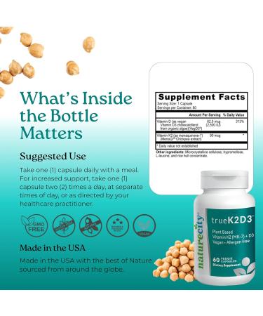 NatureCity TrueK2D3 Plant Based Vitamin K2 MK7 (90 mcg) & D3 from Algae(2 500 IU) 2 in 1 Vitamin D3 K2 Supplement for Bone Heart and Immune Health 60 Veggie Capsules - Buy Online on GoSupps.com
