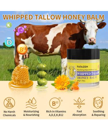 FATAZEN Organic Grass-Fed Whipped Tallow Honey Balm - All Natural Face & Body Moisturizer for Dry Sensitive Skin Skin Care Cream for Hydrating Soothing Soften Non-Sticky & Cruelty-Free - Buy Online on GoSupps.com