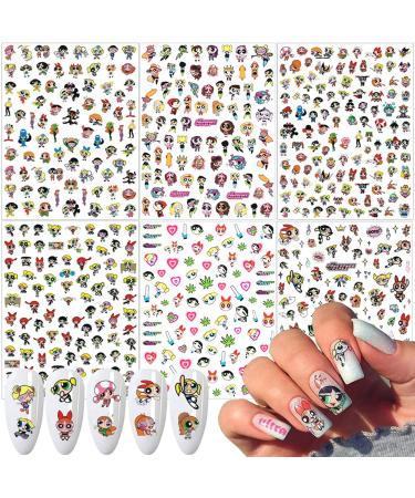 Cute Cartoon Nail Art Sticker Decals for Women Kids Girls Manicure Decoration Nail Art Supplies 3D Self-Adhesive Nail Decals Designer Nail Stickers for Acrylic Nails Designs Accessories 6 Sheets