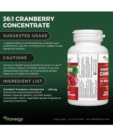 Vitanergy Ultra Strength Cranberry Concentrate Urinary Tract Health & UTI Support Source of Antioxidant Support Ultra 18:1 Extract Rate 90 Capsules Proudly Made in Canada - Buy Online on GoSupps.com