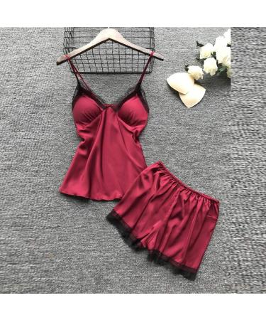 Red Satin Silk Pajama Set for Women - 4pcs Cami Top Shorts Nightgown Robe Sleepwear - Sexy & Cute Stain PJs - X-Large - Buy Online on GoSupps.com