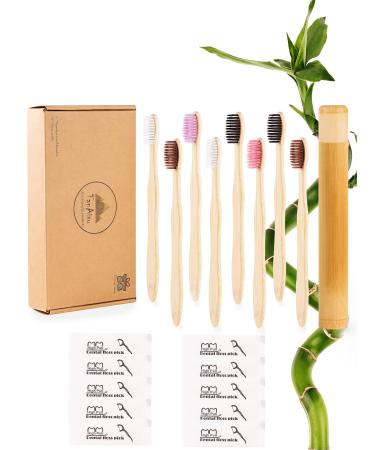 TanAisu Bamboo Toothbrushes with 10 Floss Picks Travel Case - Biodegradable Toothbrushes (2 Brown 2 Black 2 White 1 Purple 1 Fuchsia) & Dental Floss Picks| Cover