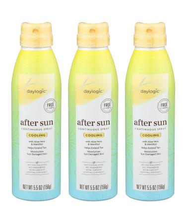 Daylogic After Sun Spray 3 Pack Continuous Spray with Aloe and Cooling Menthol Sunbrurn Relief and Tan Extender Moisturizes Sun Damaged Skin Non Greasy Paraben and Phthalates Free 5.5 oz. Each