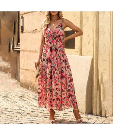 Summer New Thin Shoulder Strap Gathered Frilly Floral Print Dress Long Sleeve Dresses for plus Size Bridesmaids Red Small - Buy Online on GoSupps.com