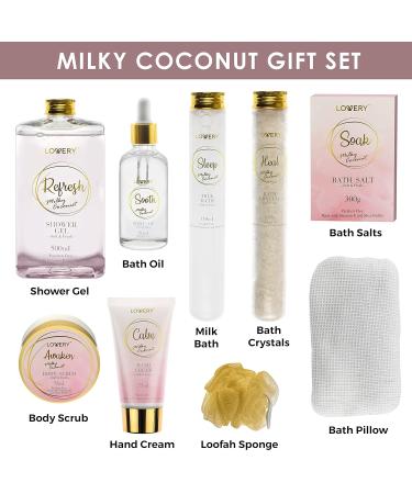 Luxury Bath Gift Set | Home Spa Gift Basket - Milky Coconut Scent Vitamin E & Shea Butter Shower Gel Bath Salt Body Scrub & More - International Shipping Available - Buy Online on GoSupps.com