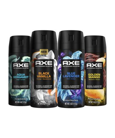 AXE Fine Fragrance Collection Premium Deodorant Body Spray for Men - Variety Pack - Blue Lavender Aqua Bergamot Golden Mango & Black Vanilla - Pack of 4 72H Odor Protection Aluminum Free 4 oz