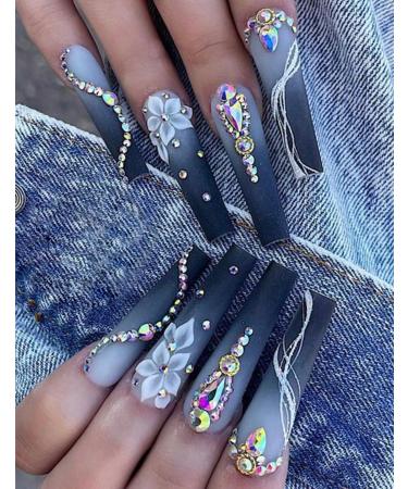 24pcs Blue Long Coffin Rhinestone Fake Nail Press on Nails Flower Handmade Luxurious Nails Acrylic Nails Fake Nails 1sheet Tape & 1pc Nail File