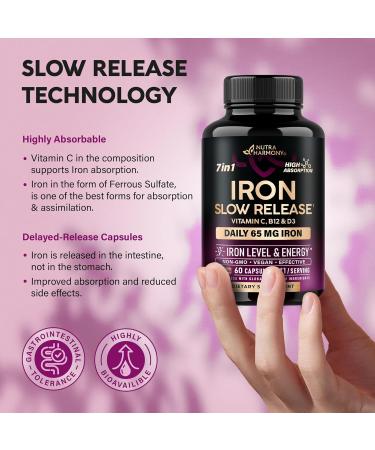 Iron Supplement for Women - Iron 65mg (Ferrous Sulfate 325mg) - Stomach Friendly | Slow Release Iron | High Absorption - Vitamins C D3 B6 B12 & Folate - Iron Level & Energy Support - 60 Capsules 60 Count (Pack of 1) - Buy Online on GoSupps.com