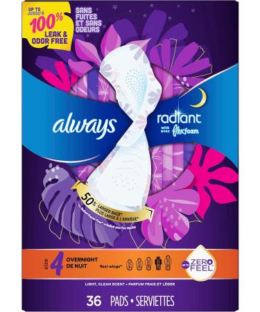 Always Radiant Overnight Feminine Pads for Women Size 4 for Nighttime with Wings Scented 36 CT Size 4 36 Count - Buy Online on GoSupps.com