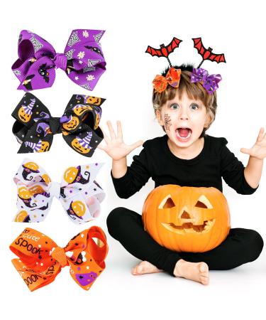 Sibba 4 Pieces Halloween Christmas Bow Hair Pins Halloween Hair Bows Clip Pumpkin Bat Pattern Boutique Clip Halloween Barrette Accessories for Girls Halloween 3
