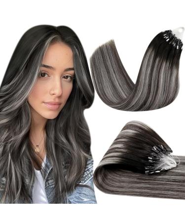 Hetto Extensions Real Hair Microring Balayage Hair Waring Microring smooth extensions microring black with silver #1b/silver/1b 40cm 50cm 3-3 mr #1b/silver/1b
