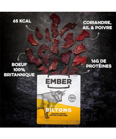 Buy Ember Snacks Biltong Beef Jerky - 25g x 10 Pack | Low-Calorie Low-Fat Snack | Made from British & Irish Beef | International Shipping Available - Buy Online on GoSupps.com