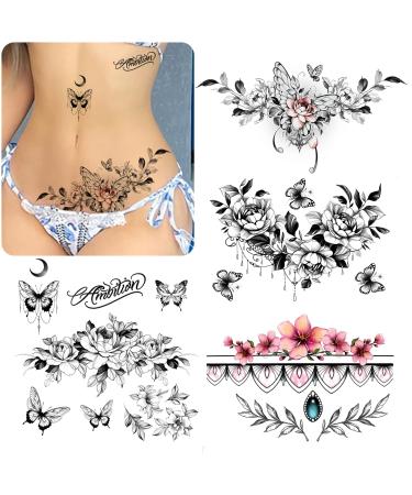 ROARHOWL sexy temporary tattoos for women sexy tattoo kit  beautiful and exquisite 3D realistic flowers  butterflies  abdomen  chest  waist and back apply false tattoos for girl (Design 3)
