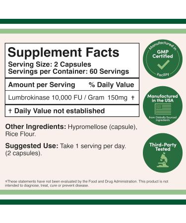 Lumbrokinase Enzymes Supplement - 120 Capsules (Max Activity 10,000 FU/Gram) 150mg per Serving (No Fillers Non-GMO Gluten Free) for Cardiovascular and Blood Circulation Support by Double Wood - Buy Online on GoSupps.com