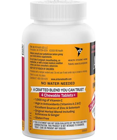 Airborne 1000mg Vitamin C Chewable Tablets with Zinc - 64 Chewable Tablets, Very Berry Flavor, Immune Support Supplement - Buy Online on GoSupps.com