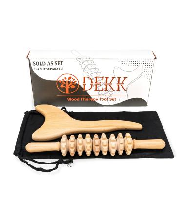 Professional Wood Therapy Massage Tools - 2 Pc Wooden Massager Set - Roller Stick and Gua Sha Body Contouring Tool - Maderotherapy Kit - Lymphatic Drainage - Anti Cellulite Body Sculpting