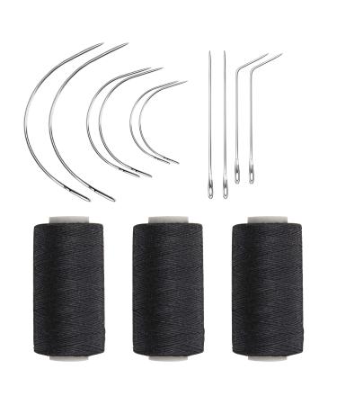 Ryalan Weaving Needle Combo Deal Black Thread with 10pcs Needle for Making Wig Sewing Hair Weft Hair Weave Extension, Big Medium and Small C J Shape Curved Needle I Needle (3 Thread Black + 10 Needle) 3Thread+10Needle Black