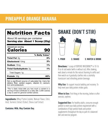 Isopure Clear Whey Isolate Protein Powder Drink Mix, Pineapple Orange Banana Flavor - 36 Servings (Gluten Free, Zero Sugar, Post Workout Recovery) - Buy Online on GoSupps.com