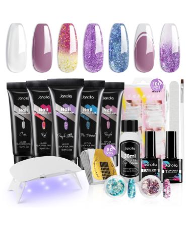 Janolia nail extension kit for nails UV nail gel gel gelail starter set with nail lamp base coat top coat for nail design color polygel nail extension nail set set perfect for nail art starter amethyst color theme topic