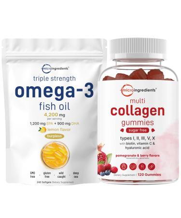 Micro Ingredients Omega-3 Fish Oil 4 200 mg 240 Softgels & Multi Collagen Peptides Gummies Bundle Pack | Wild-Caught Fish Lemon Flavored Burpless | Type I II III V X Protein