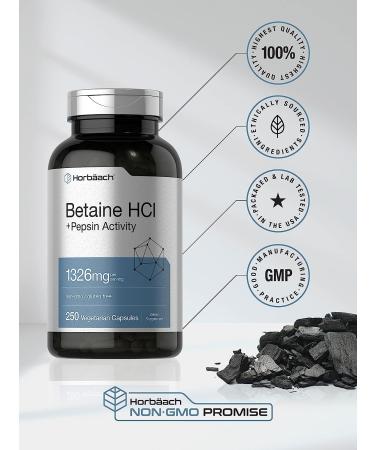 Betaine HCl with Pepsin 1326mg | 250 Capsules | Hydrochloride Supplement with Protease | Non-GMO, Gluten Free, Vegetarian | Horbaach - Buy Online on GoSupps.com