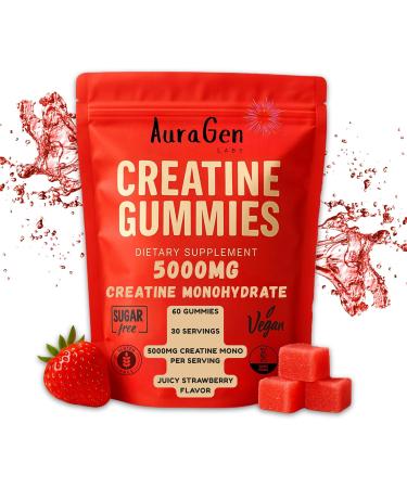 AuraGen Labs Creatine Gummies 5g (5000mg) Sugar-Free Vegan Creatine Supplement for Men & Women 30-Day Supply for Muscle Strength Recovery & Cognitive Support Juicy Strawberry - Buy Online on GoSupps.com