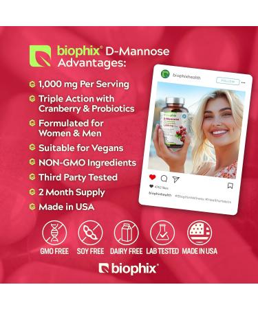 biophix D-Mannose Plus Cranberry Probiotics 1000 mg 120 Vcaps - Free Vitamin C-1000 30 Tablets - Supports Urinary Bladder Tract Health and Digestive Well Being - Buy Online on GoSupps.com