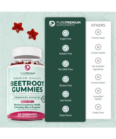 PurePremium Beet Root Gummies 50:1 Extract - 60 Sugar Free Chews - Super Nitric Oxide Beetroot Gummies | Natural Blueberry Flavor - Supplements for Normal Blood Pressure - Buy Online on GoSupps.com
