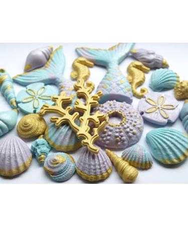 25x Edible Mermaid Tail Seashells Coral & Seahorse - Fondant Cake Topper Decoration colours: Light Purple Teal and Gold - Buy Online on GoSupps.com