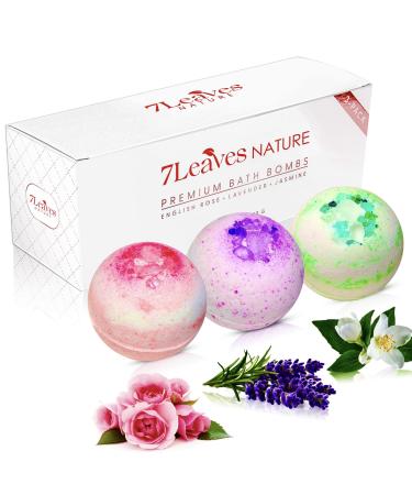 7Leaves Nature Premium Bath Bombs for Women. 3-Pack Fizzy Bath Bomb Gift Set with English Rose Lavender and Jasmine Essential Oils Gift for Women Mother Christmas Birthday 6oz Each