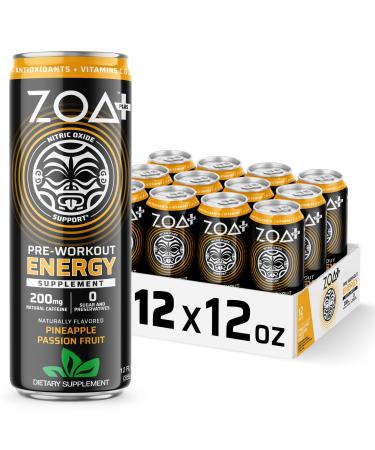 ZOA+ Plus Sugar Free Pre Workout Drink - Pineapple Passion Fruit 12 Fl Oz - Ready to drink Preworkout with Nitric Oxide, B Vitamins, Vitamin C and D and 200mg Natural Clean Caffeine - (Pack of 12)