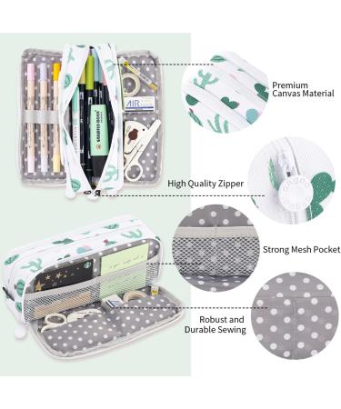 ANGOOBABY Large Pencil Case Big Capacity 3 Compartments Canvas Pencil Pouch for Teen Boys Girls School Students (Green Cactus) - Buy Online on GoSupps.com