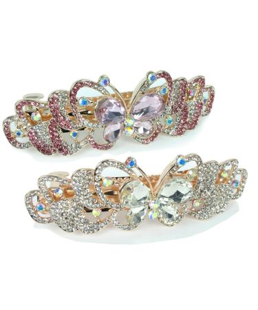 Rhinestone Barrettes - Set of 2 Jeweled Butterfly Hair Clips - Pink Crystals and Clear Crystals - Gold Tone Barrett - 3.5W x 1.25H