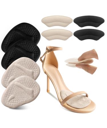 Riootlnm Metatarsal Pads, Ball of Foot Cushions, Heel Pads Inserts for Too Big Shoe, Reduce Foot Pain, No Slip Heel Grips Liners Shoe Pads for Loose Shoe, Blisters (Beige+Black)