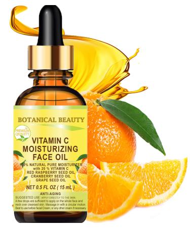 Botanical Beauty VITAMIN C MOISTURIZING FACE Oil. 100% Natural Pure Vitamin C 20% Red Raspberry Seed Cranberry Seed Grapeseed Lemon Orange Oils for Face Neck Decollete 0.5 Fl. oz - 15 ml