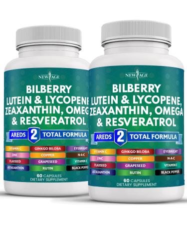 NEW AGE Eye Health Vitamins with Bilberry 300mg Lutein & Zeaxanthin 40mg Lycopene 40mg Resveratrol 100mg Grape Seed Extract 200mg Astaxanthin - Eye Vitamin -120 Count 120 Capsules (Pack of 2)