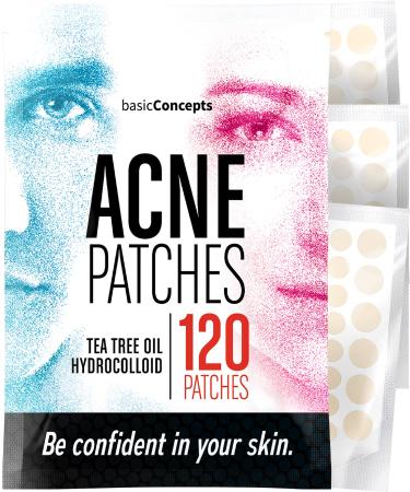 BASIC CONCEPTS Acne Patches (120 Pack), Tea Tree Oil and Hydrocolloid Pimple Patches for Face, Zit Patch (3 Sizes), Blemish Patches, Acne Dots, Pimple Stickers, Acne Patch and Pimple Patch